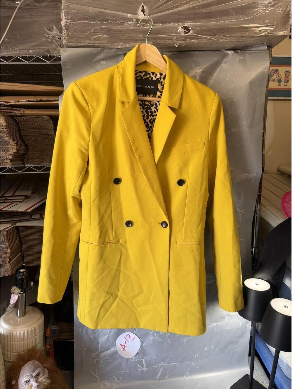 BCBGMAXAZRIA Yellow Double-Breasted Blazer Leopard Lining Women's Size XS